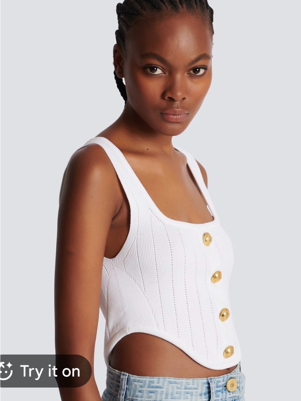 Balmain look a like White Ribbed Tank Top with Gold Buttons